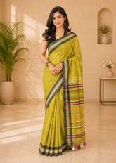 Pravaha Neon Green Bhujodi Handwoven Bengal Loom Saree