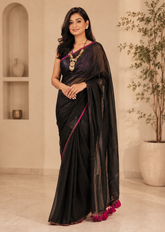 Black Handwoven Tissue Saree with Pompom Palla