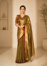 Golden Tissue Saree with Heritage Red Border