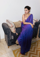 Dual Tone Blue Bengal Handloom Mul Saree with Golden Polka Dot Print