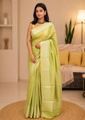 Lime Glow Banarasi Chanderi Sico Saree