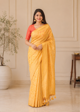 Golden Aura Semi Mustard Yellow Tussar Banarasi Silk Saree