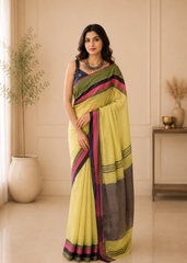 Lime Yellow Bengal Loom Saree