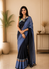 Indigo Handwoven Reversible Linen Saree