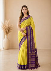 Luxury Yellow Green Kanchipuram Soft Silk Saree With Zari