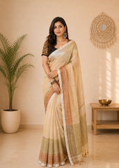 Custard Meadow Linen Handwoven Saree