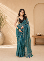 Emerald Starlight Golden Polka Dot Handloom Saree
