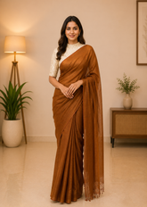 Elegant Deep Copper Saree With Soft Tissue Shine And Zari