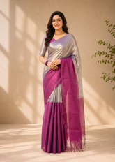 Aarohi Soft Tissue Saree In Silver Wine Dual Tone Weave