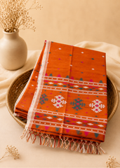Rust Orange Bengal Cotton Jamdani Saree with Multicolour Buta