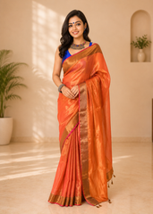 AgniRaag Orange Handloom Tissue Saree