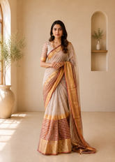 Beige Bloom Handloom Linen Saree with Zari Border