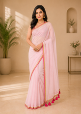 Graceful Baby Pink Bengal Handloom Mul Saree