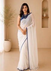 Indira Handloom White Mul Ajrakh Saree