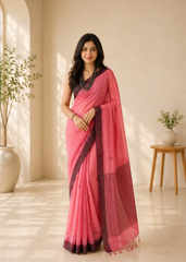 Dusky Rose Bengal Handloom Saree With Artisan Weaving