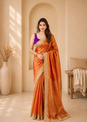 Premium Rust Tissue Silk Saree With Elegant Zari Border