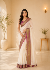 Ivory Handloom Mul Saree With Minimalist Heritage Weaving