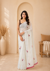 White Mul Cotton Saree With Artisan Pink Kantha Detailing