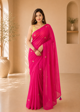 Luxury Rani Pink Bengal Loom Saree With Elegant Mirror Work