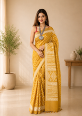 Elegant Maheshwari Cotton Silk Saree With Mustard Gold Tones