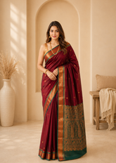Luxury Maroon Kanjivaram Silk Saree With Emerald Zari Border