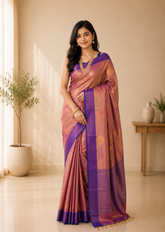 Luxury Deep Beige Kanchipuram Silk Saree With Blue Zari Border