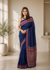 Premium Ink Blue Crape Silk Saree With Elegant Print