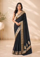 Sunehri Noir Semi Katan Silk Saree With Metallic Gold Glow