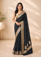 Sunehri Noir Semi Katan Silk Saree With Metallic Gold Glow
