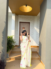 Ivory Lotus Handwoven Mul Saree With Neon Edge