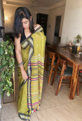 Pravaha Neon Green Bhujodi Handwoven Bengal Loom Saree