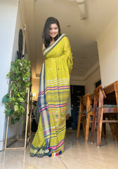 Pravaha Neon Green Bhujodi Handwoven Bengal Loom Saree