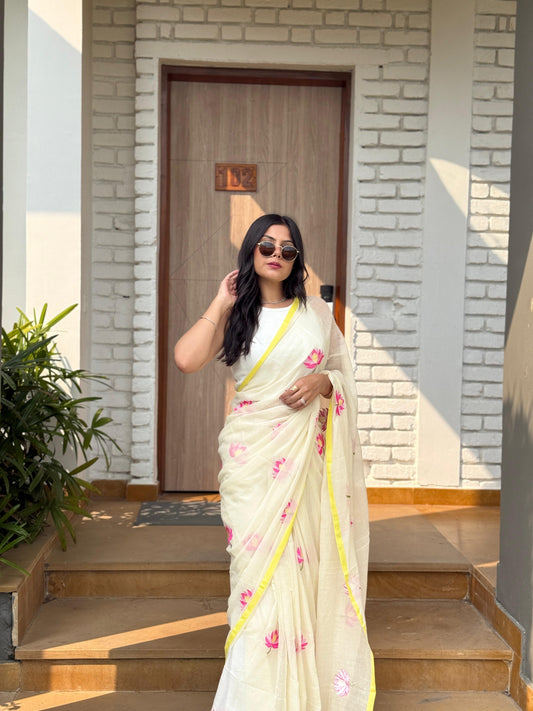 Ivory Lotus Handloom Mul Saree with Neon Border