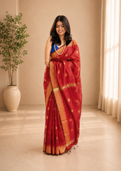 Royal Rustic Red Saree With Maheshwari Style Zari Detailing