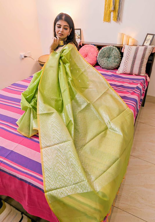 Lime Glow Banarasi Chanderi Sico Saree