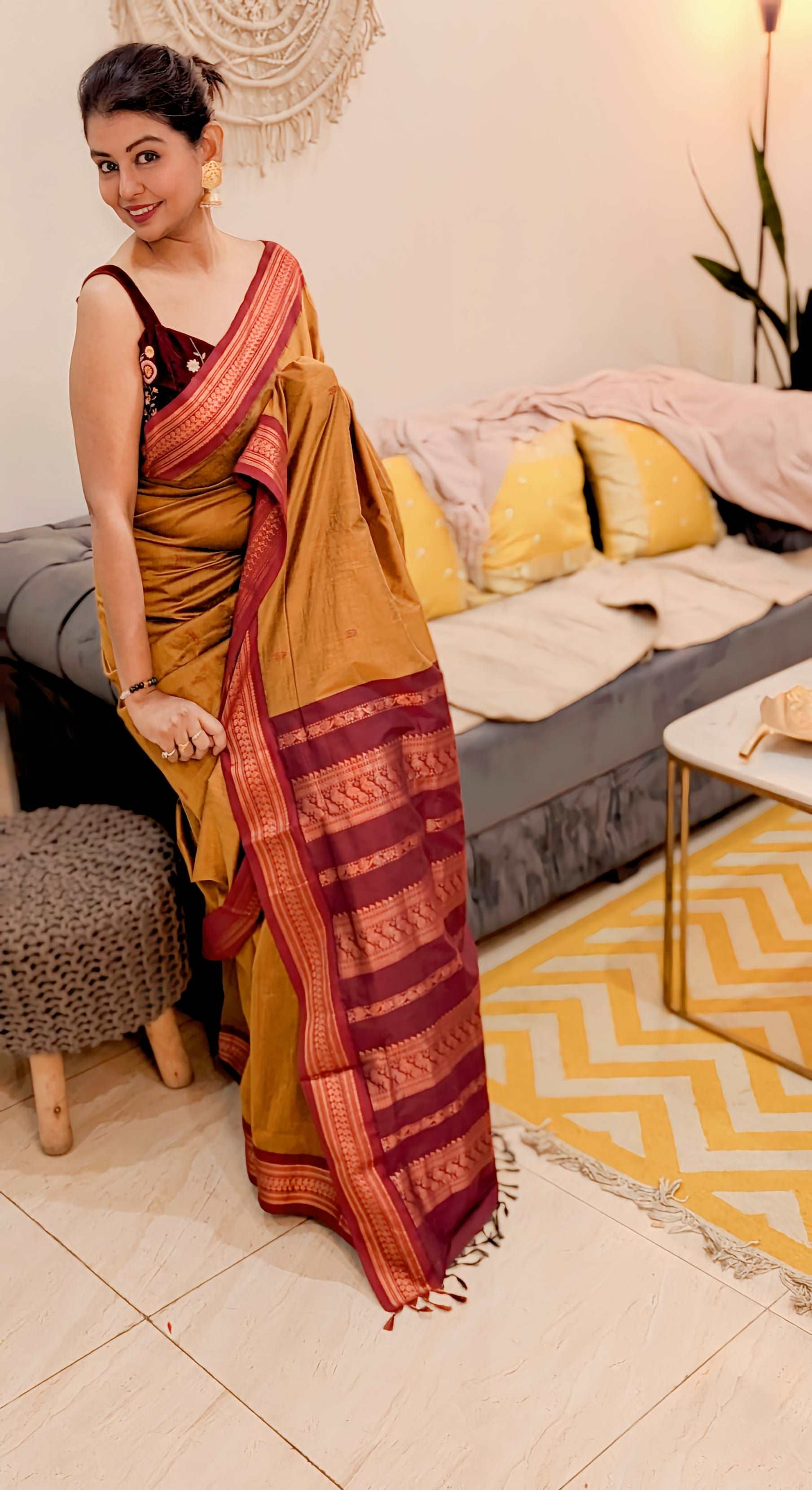 Mustard Yellow Cotton Silk Gadwal Saree