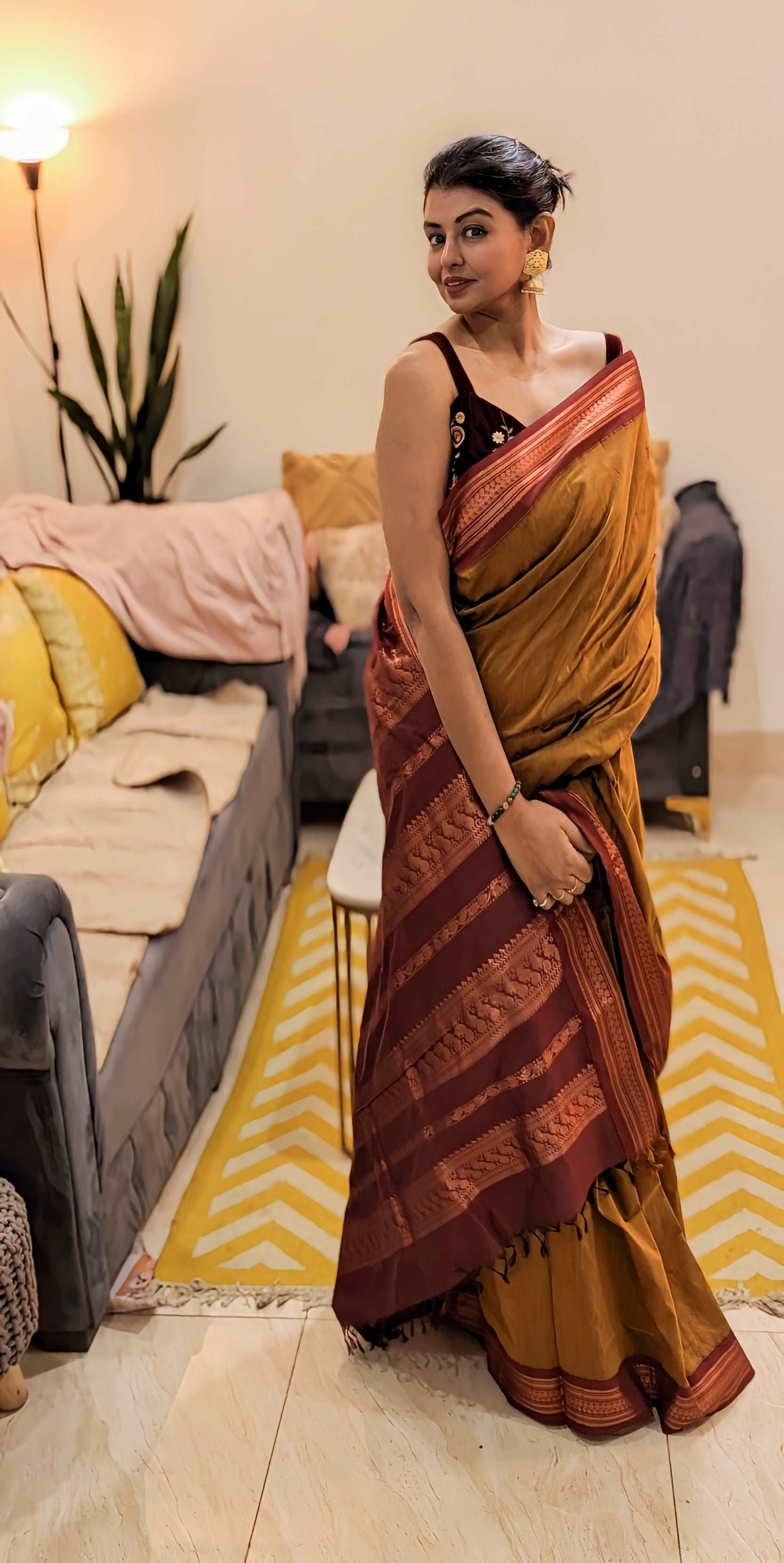 Mustard Yellow Cotton Silk Gadwal Saree