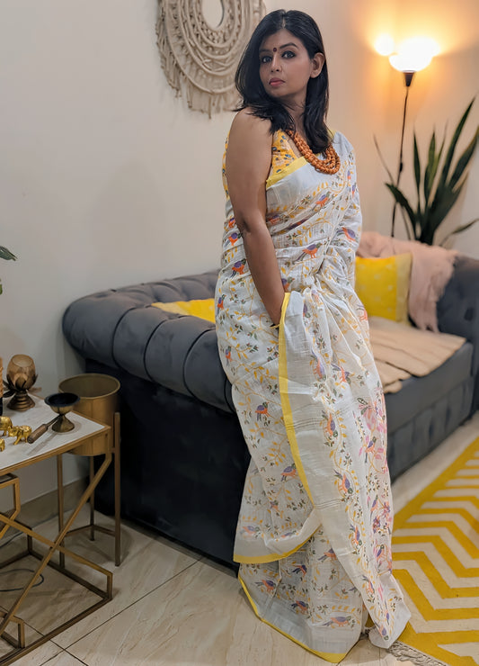 Sunlit Aviary: White Linen Khadi Saree with Yellow Border