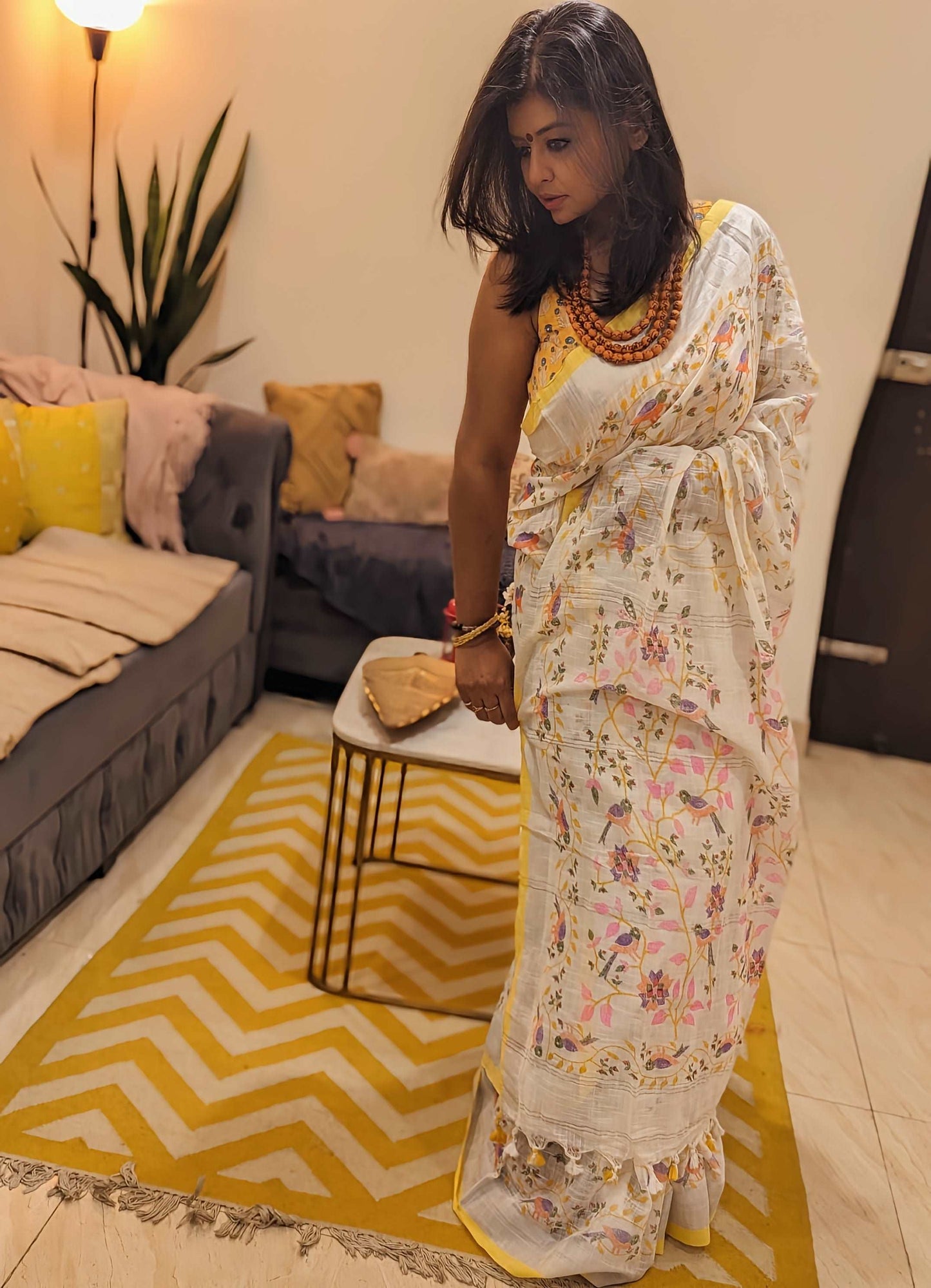 Sunlit Aviary: White Linen Khadi Saree with Yellow Border