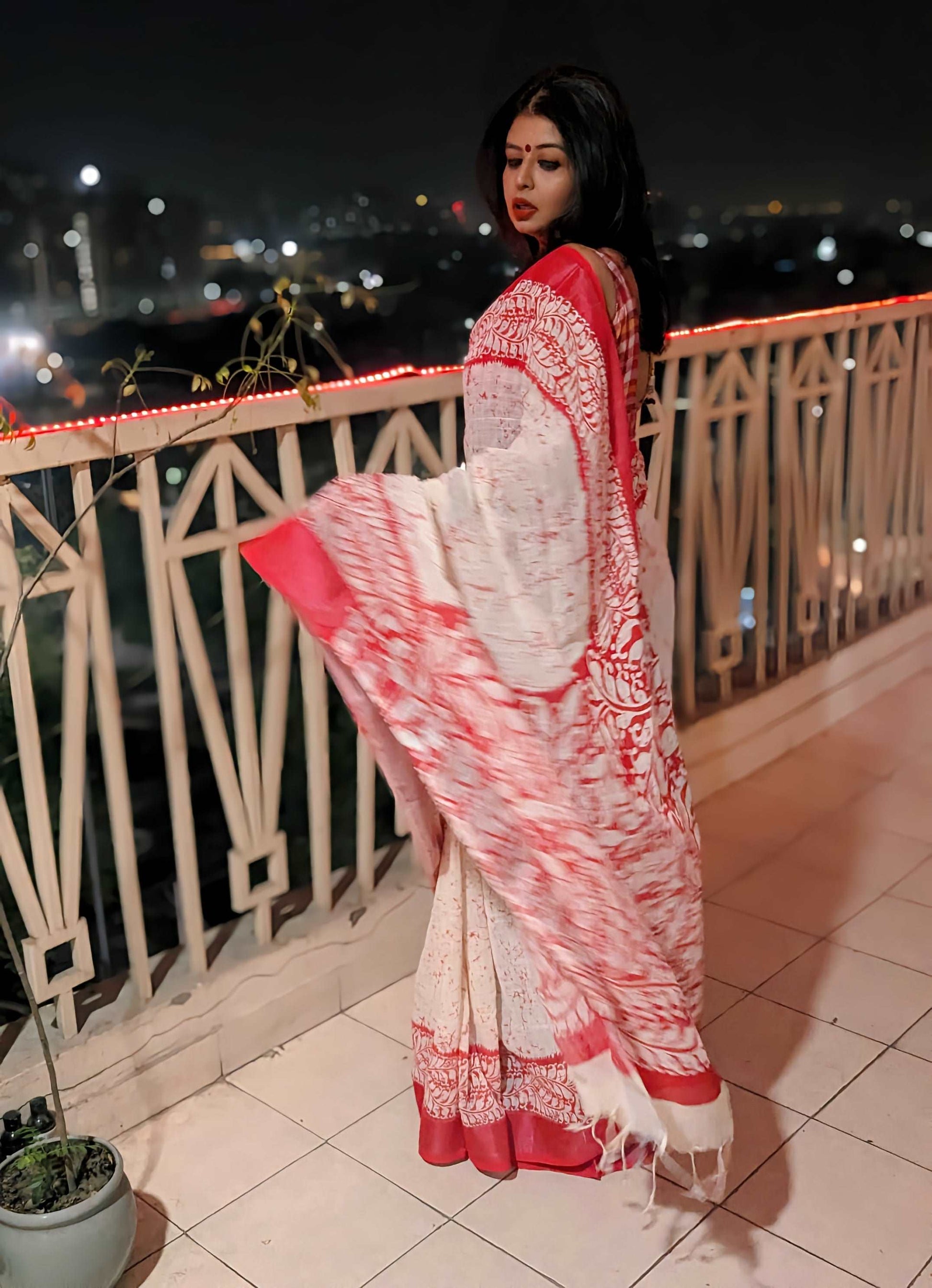 Scarlet Whisper Linen Khaki Batik Saree - SareeBari