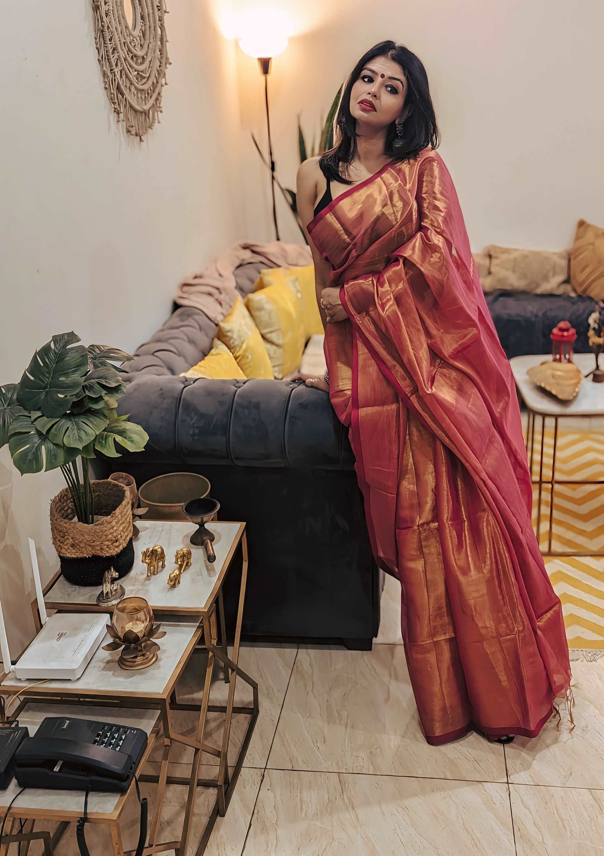 Sunset Symphony: Orange and Maroon Dual Tone Tissue Mul Saree - SareeBari