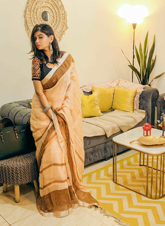 Peaches & Cocoa Handwoven Linen Saree