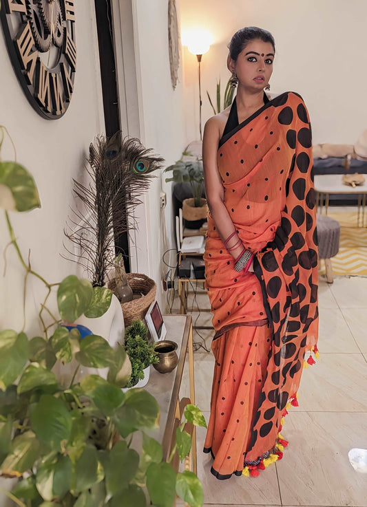 Exquisite Rust and Black Polka Mul Saree