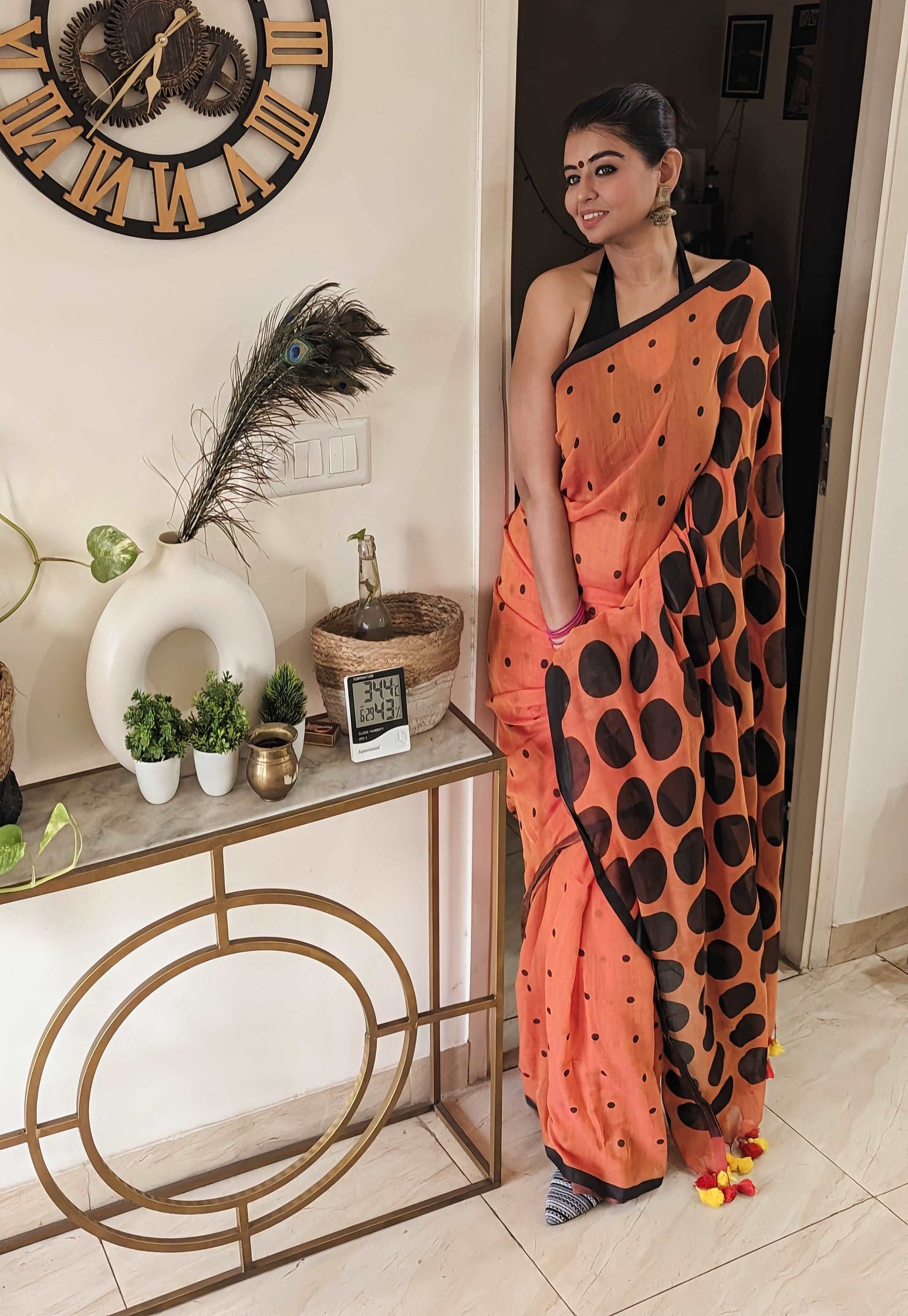 Exquisite Rust and Black Polka Mul Saree