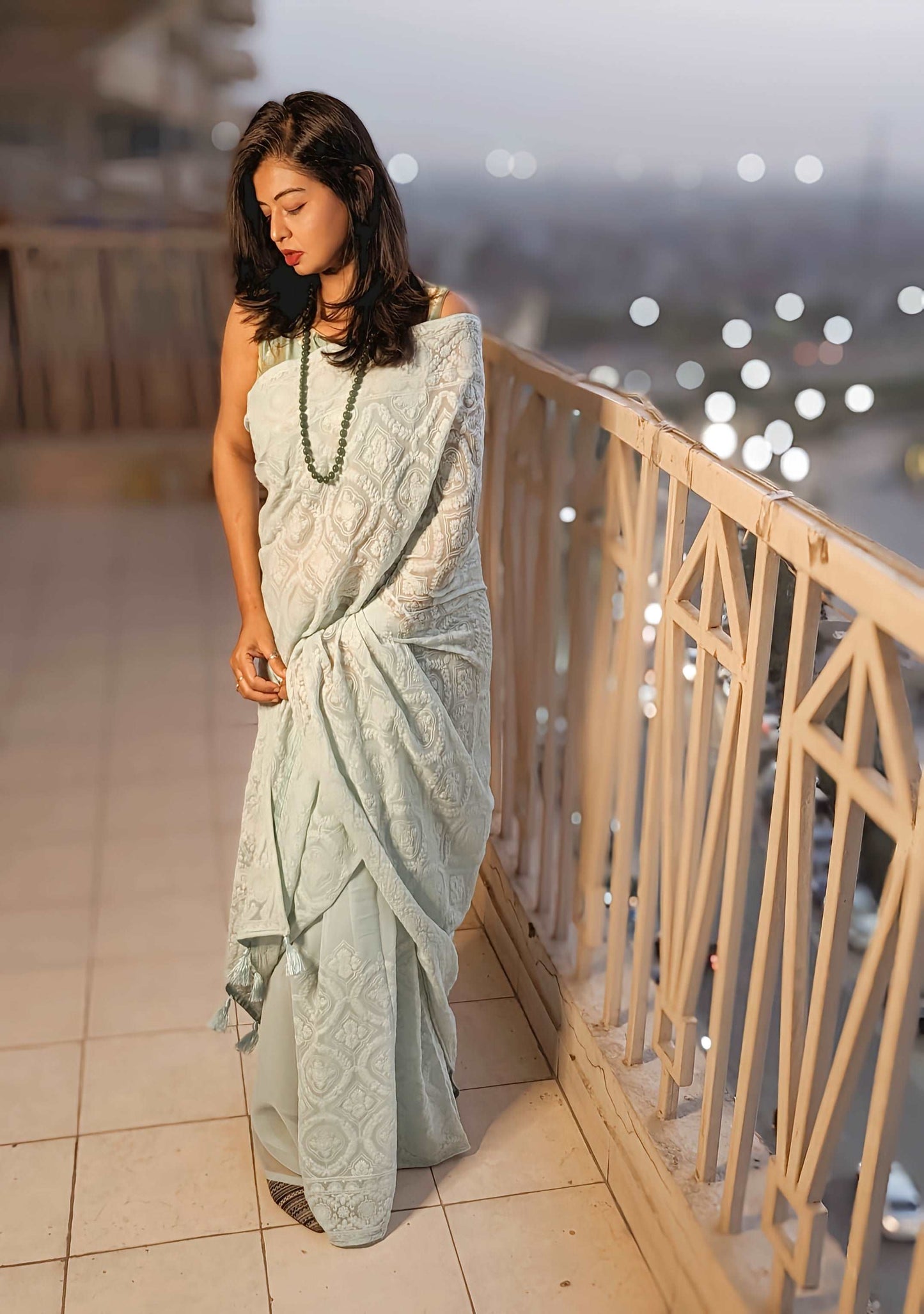 Serene Sea Green Lucknowi Georgette Saree