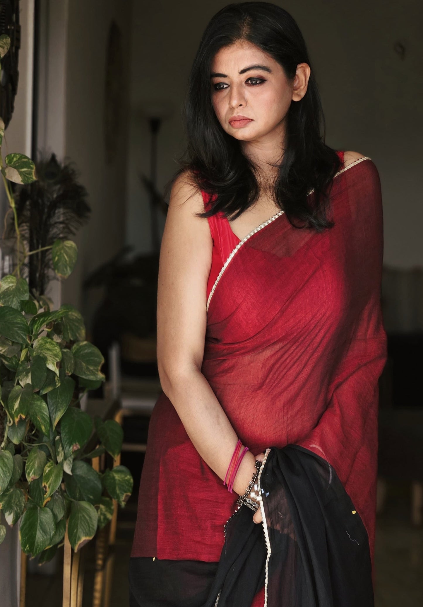 Maroon Black Mul Saree with Silver Border