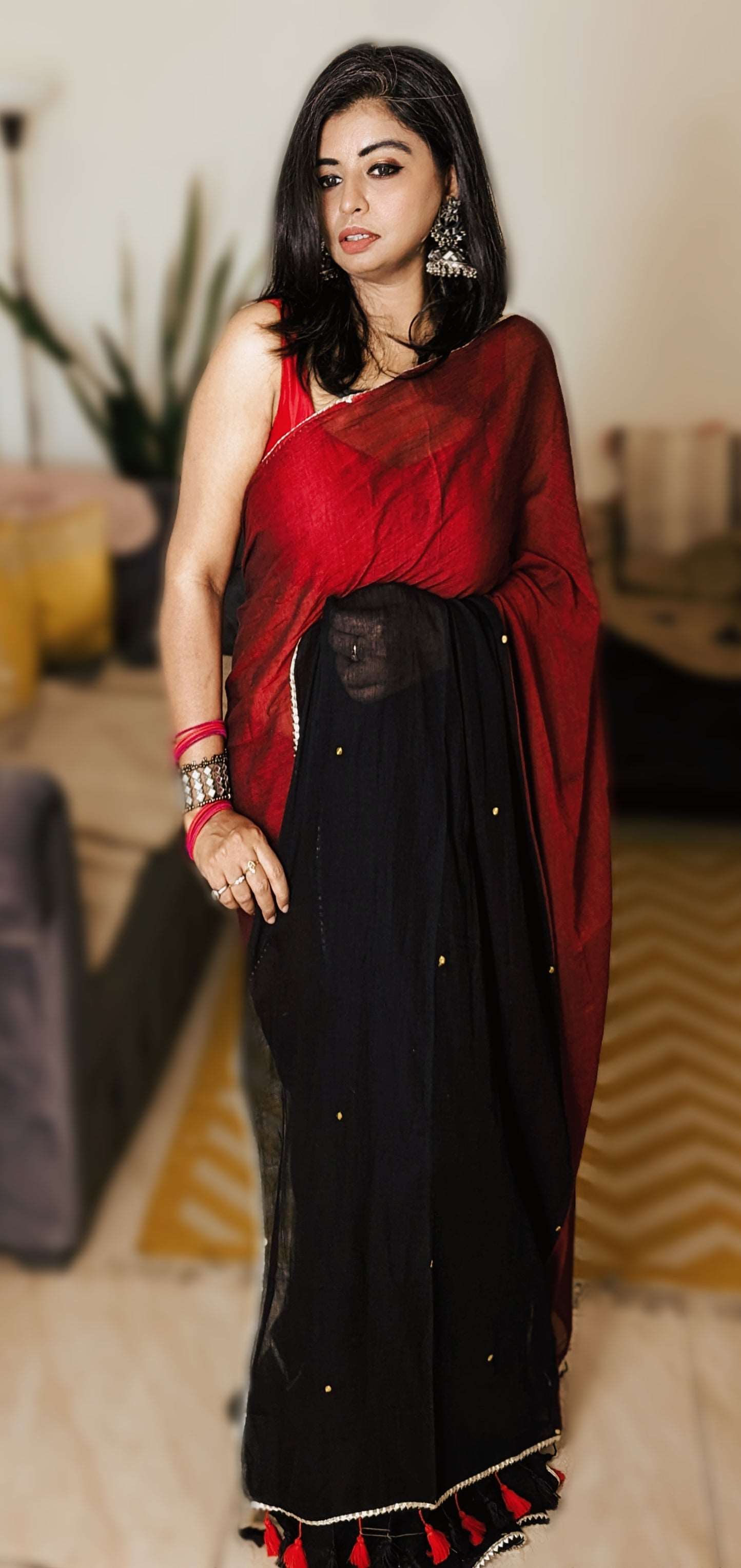 Maroon Black Mul Saree with Silver Border