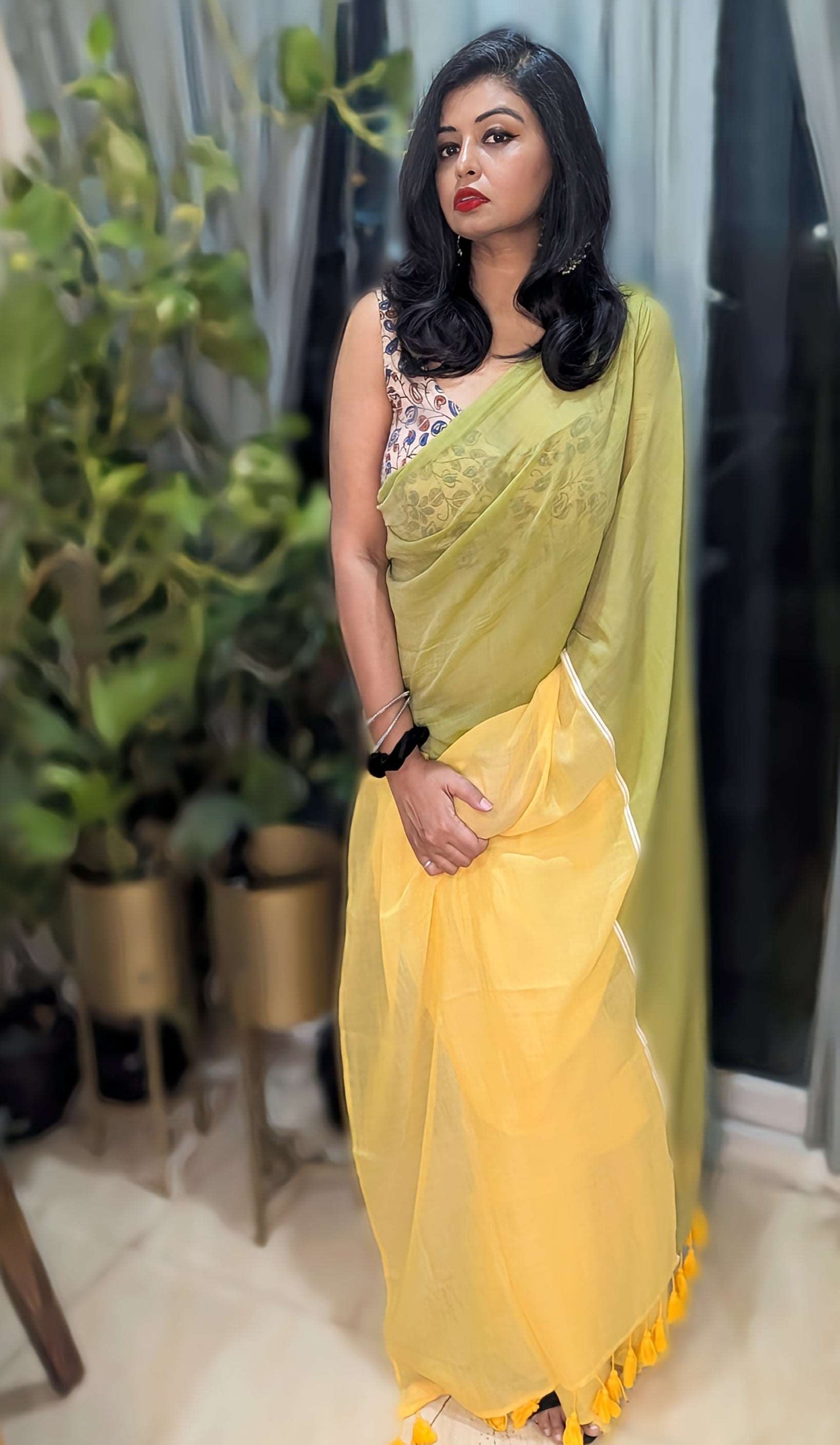 Lime Yellow and Green Mul Saree