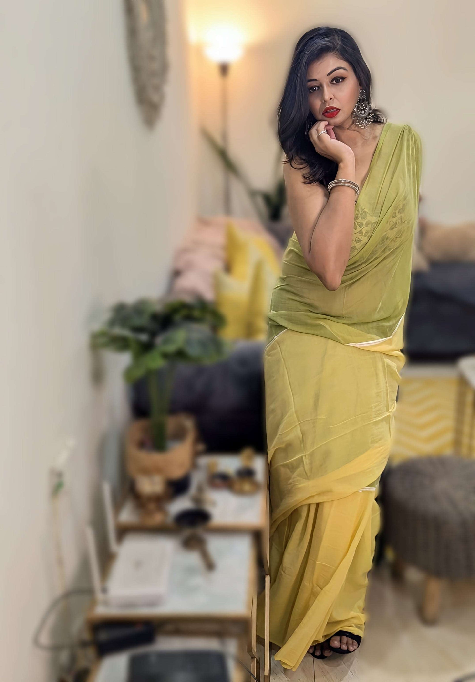 Lime Yellow and Green Mul Saree