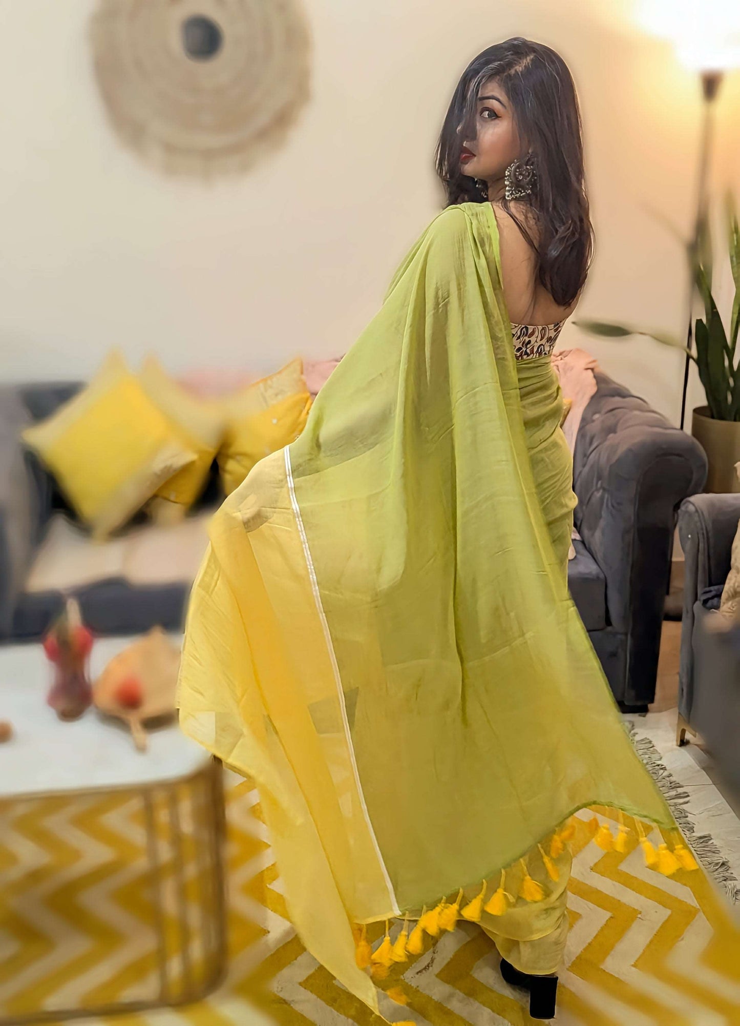 Lime Yellow and Green Mul Saree